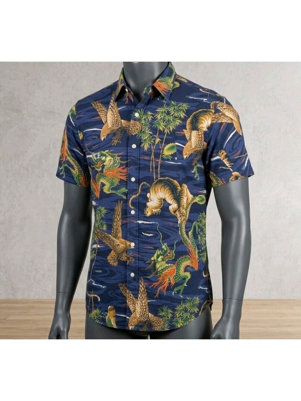 Vtg Polo Ralph Lauren Dragon Tiger Eagle Polo Shirt All Over Print Mens 2XL XXL